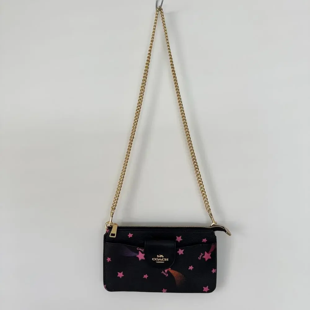 Coach Poppy Slim Shoulder Bag in Black Disco Shooting Star Galaxy Print C7289